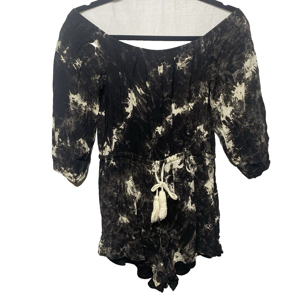 L'Atiste By Amy Off Shoulder Romper Tie Waist 3/4 Sleeves Tie Dye Womens M Black